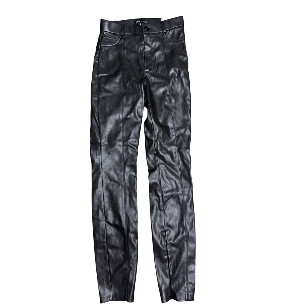 Zara Womens High Rise Faux Leather Leggings Black Ankle Zip Pants Size Medium